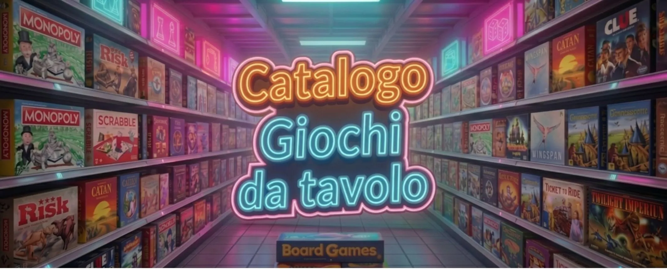 Scaffali di un negozio di giochi da tavolo illuminati al neon con la scritta Catalogo giochi da tavolo