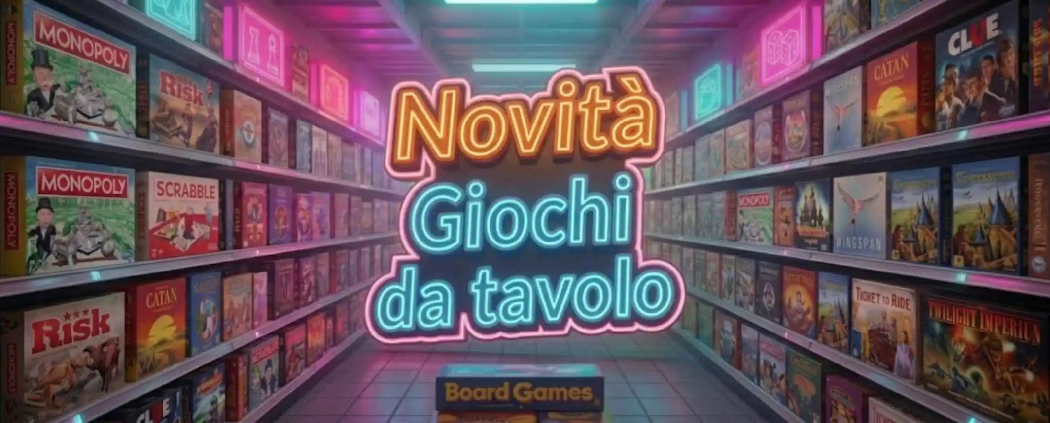 Scaffali di un negozio di giochi da tavolo illuminati al neon con la scritta Novità giochi da tavolo