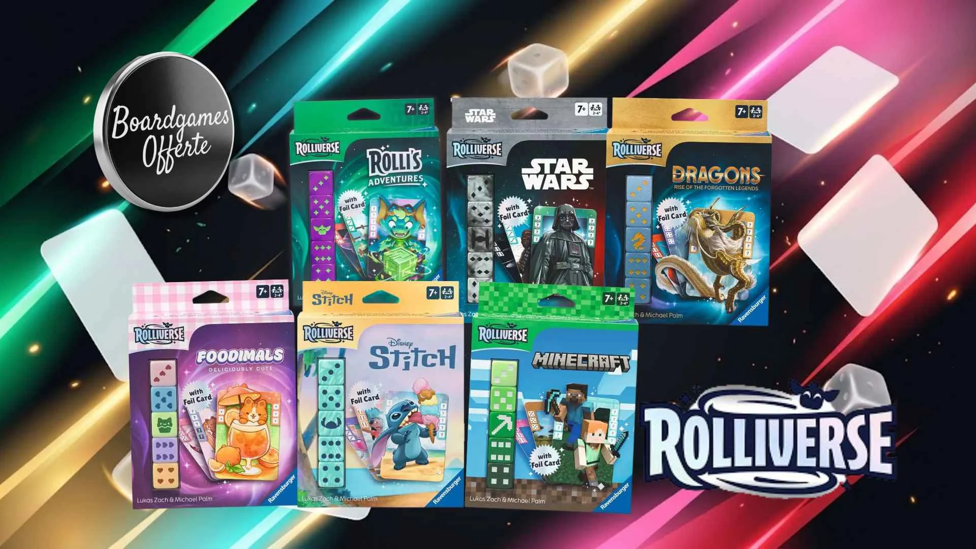 Rolliverse Ravensburger: le sei scatole Rolli's Adventures, Star Wars, Dragons, Foodimals, Stitch e Minecraft su sfondo colorato