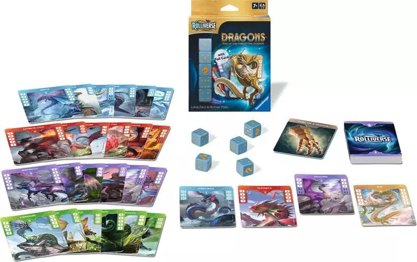 Componenti di Rolliverse Dragons: quattro set di carte, cinque dadi e carta foil - Ravensburger 2026