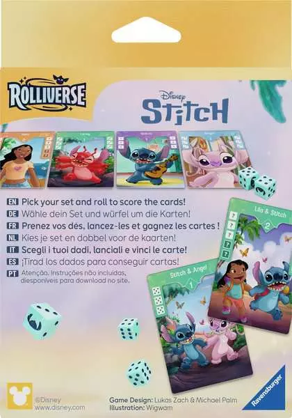 Retro della scatola di Rolliverse Stitch con le istruzioni brevi in sette lingue, italiano compreso - Ravensburger 2026