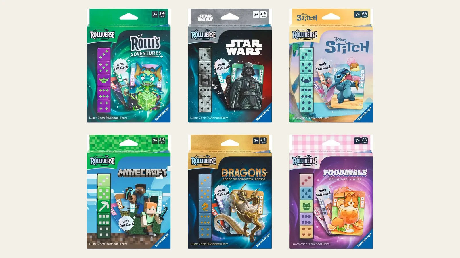 Le sei scatole di Rolliverse Ravensburger: Rolli's Adventures, Star Wars, Stitch, Minecraft, Dragons e Foodimals